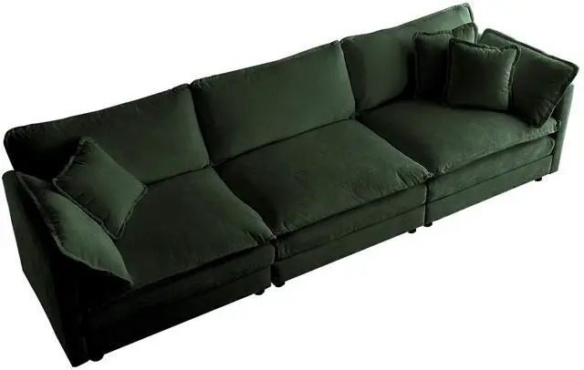 Alt view image 3 of 7 - Mid-Century Modern Couch 3-Seater Sofa with 2 Armrest Pillows and 3 Toss Pillows, Couch for Living Room Green Chenille
