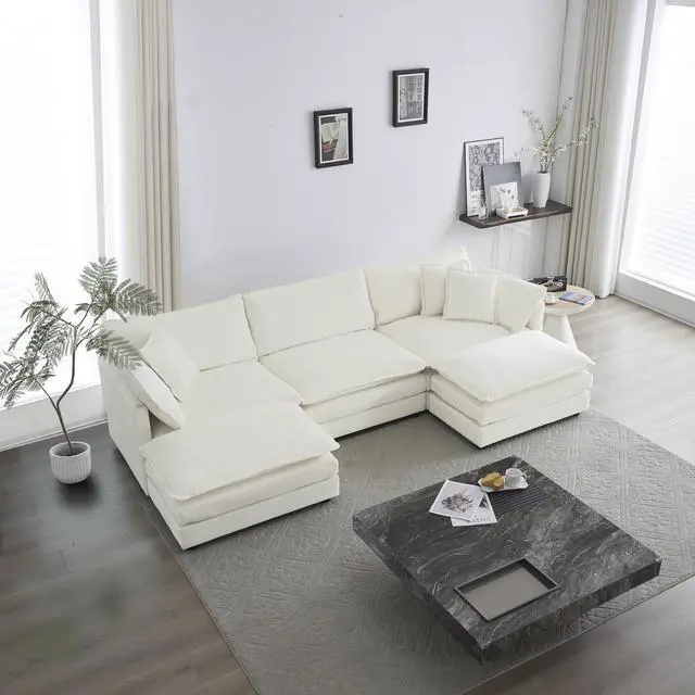 Main image of U-Shaped Sectional Sofa w/Reversible Footrest, 5-Seater Convertible Corner Couch with 2 Ottomans ,Modern Minimalist Soft Sofa & Couch for Living Room , White