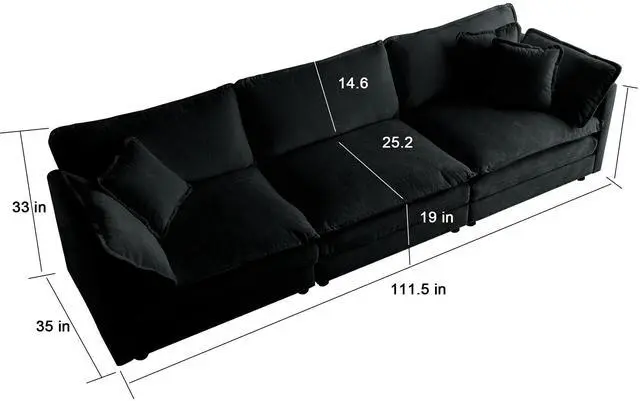 Alt view image 5 of 7 - Mid-Century Modern Couch 3-Seater Sofa with 2 Armrest Pillows and 3 Toss Pillows, Couch for Living Room Black Chenille