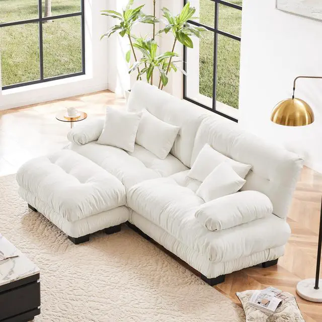 Main image of Cloud Couch Sectional Sofa for Living Room, Chenille 2 Seater Sofa with 2 Lumbar pillows and 2 throw pillows , Upholstered Wide Arm Sofa with Convertible Ottoman,Chenille White
