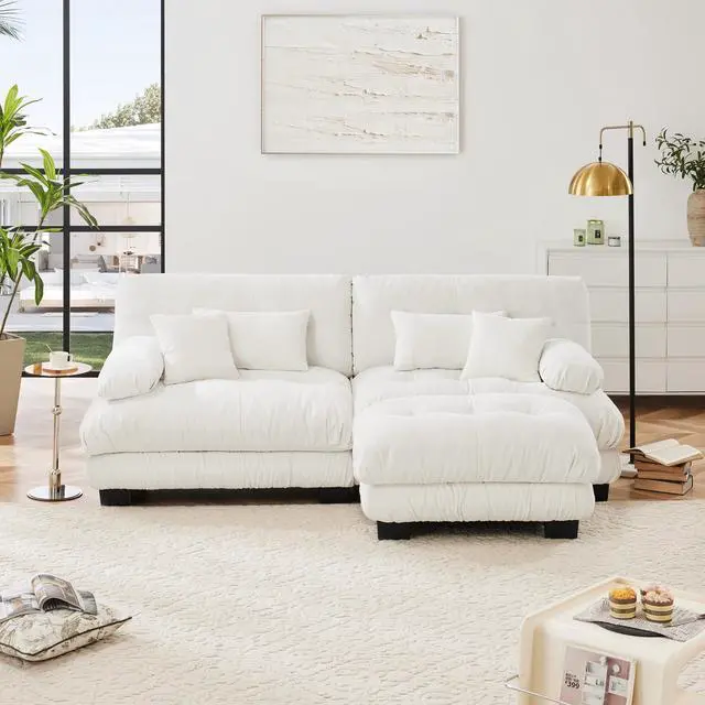Alt view image 3 of 7 - Cloud Couch Sectional Sofa for Living Room, Chenille 2 Seater Sofa with 2 Lumbar pillows and 2 throw pillows , Upholstered Wide Arm Sofa with Convertible Ottoman,Chenille White