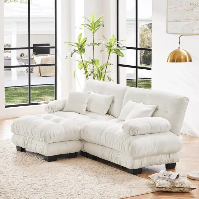Alt view image 2 of 7 - Cloud Couch Sectional Sofa for Living Room, Chenille 2 Seater Sofa with 2 Lumbar pillows and 2 throw pillows , Upholstered Wide Arm Sofa with Convertible Ottoman,Chenille White