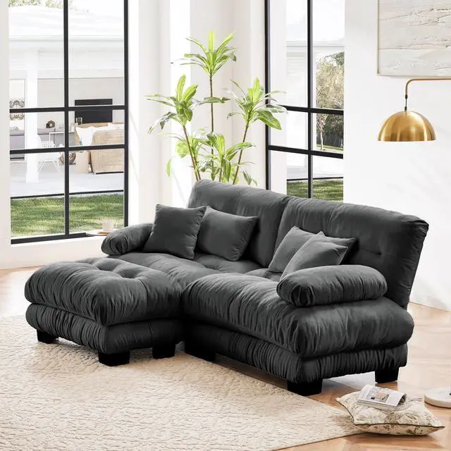 Alt view image 2 of 7 - Cloud Couch Sectional Sofa for Living Room, Chenille 2 Seater Sofa with 2 Lumbar pillows and 2 throw pillows , Upholstered Wide Arm Sofa with Convertible Ottoman,Chenille Gray