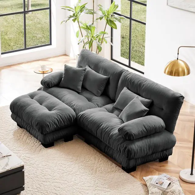 Main image of Cloud Couch Sectional Sofa for Living Room, Chenille 2 Seater Sofa with 2 Lumbar pillows and 2 throw pillows , Upholstered Wide Arm Sofa with Convertible Ottoman,Chenille Gray