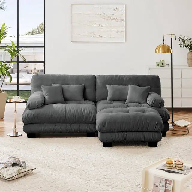 Alt view image 3 of 7 - Cloud Couch Sectional Sofa for Living Room, Chenille 2 Seater Sofa with 2 Lumbar pillows and 2 throw pillows , Upholstered Wide Arm Sofa with Convertible Ottoman,Chenille Gray