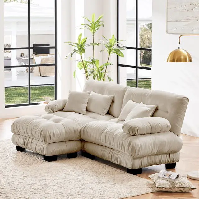 Alt view image 2 of 7 - Cloud Couch Sectional Sofa for Living Room, Chenille 2 Seater Sofa with 2 Lumbar pillows and 2 throw pillows , Upholstered Wide Arm Sofa with Convertible Ottoman,Chenille Light coffee