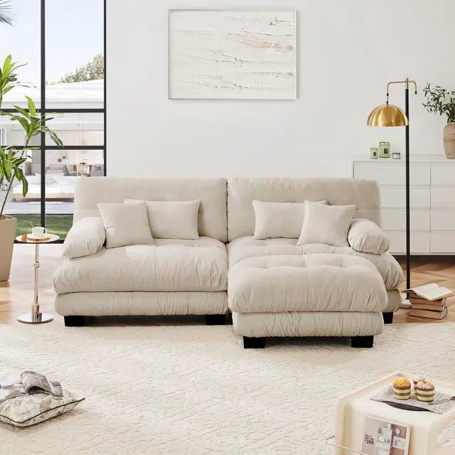 Alt view image 3 of 7 - Cloud Couch Sectional Sofa for Living Room, Chenille 2 Seater Sofa with 2 Lumbar pillows and 2 throw pillows , Upholstered Wide Arm Sofa with Convertible Ottoman,Chenille Light coffee