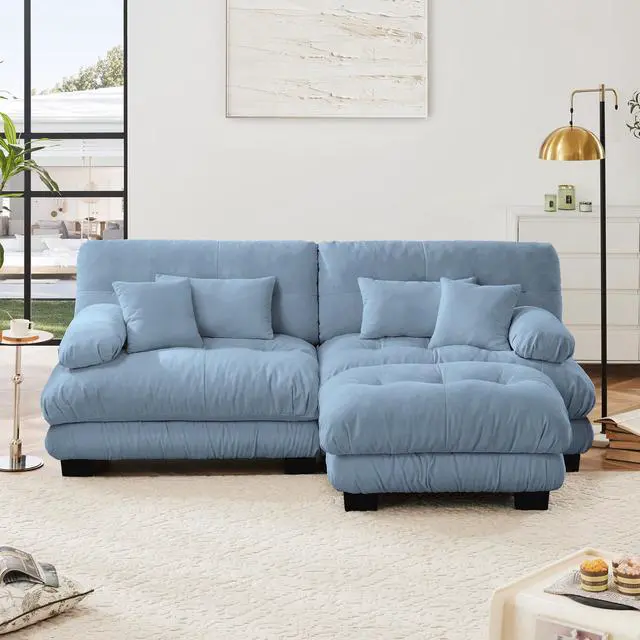 Alt view image 3 of 7 - Cloud Couch Sectional Sofa for Living Room, Chenille 2 Seater Sofa with 2 Lumbar pillows and 2 throw pillows , Upholstered Wide Arm Sofa with Convertible Ottoman,Chenille Blue