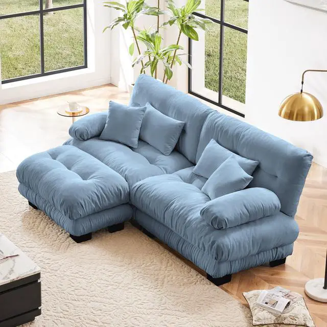 Main image of Cloud Couch Sectional Sofa for Living Room, Chenille 2 Seater Sofa with 2 Lumbar pillows and 2 throw pillows , Upholstered Wide Arm Sofa with Convertible Ottoman,Chenille Blue