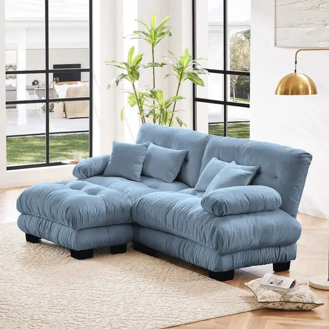 Alt view image 2 of 7 - Cloud Couch Sectional Sofa for Living Room, Chenille 2 Seater Sofa with 2 Lumbar pillows and 2 throw pillows , Upholstered Wide Arm Sofa with Convertible Ottoman,Chenille Blue