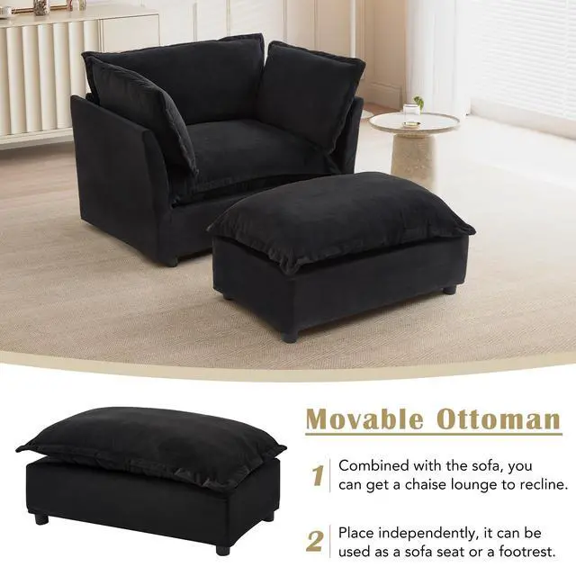 Alt view image 4 of 7 - Modern Armchair Sofa 47" Cozy Upholstered Sofa Chair with Movable Ottoman, Wide Seat, Curved Armrests and Soft Pillows for Living Room, Bedroom, Black