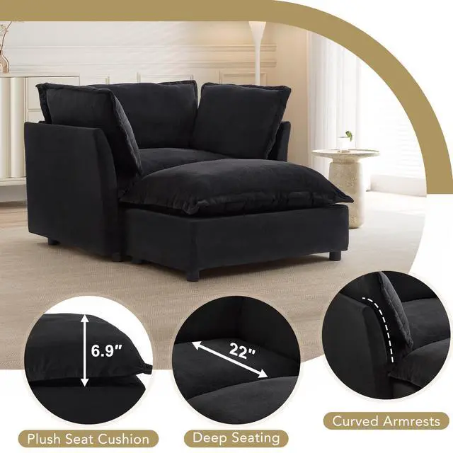 Alt view image 5 of 7 - Modern Armchair Sofa 47" Cozy Upholstered Sofa Chair with Movable Ottoman, Wide Seat, Curved Armrests and Soft Pillows for Living Room, Bedroom, Black