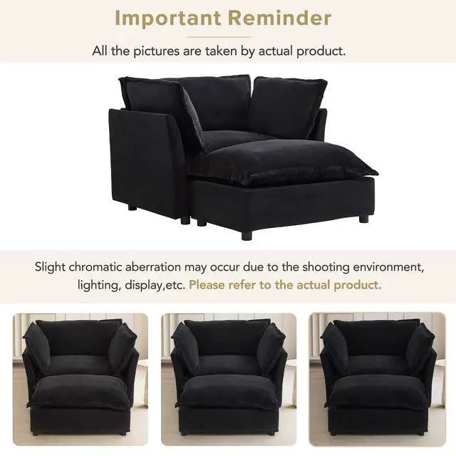 Alt view image 7 of 7 - Modern Armchair Sofa 47" Cozy Upholstered Sofa Chair with Movable Ottoman, Wide Seat, Curved Armrests and Soft Pillows for Living Room, Bedroom, Black