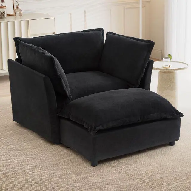 Main image of Modern Armchair Sofa 47" Cozy Upholstered Sofa Chair with Movable Ottoman, Wide Seat, Curved Armrests and Soft Pillows for Living Room, Bedroom, Black