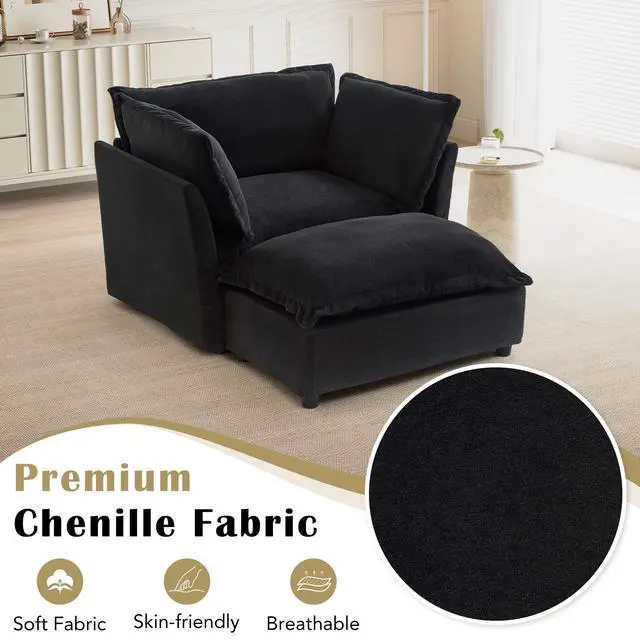 Alt view image 6 of 7 - Modern Armchair Sofa 47" Cozy Upholstered Sofa Chair with Movable Ottoman, Wide Seat, Curved Armrests and Soft Pillows for Living Room, Bedroom, Black