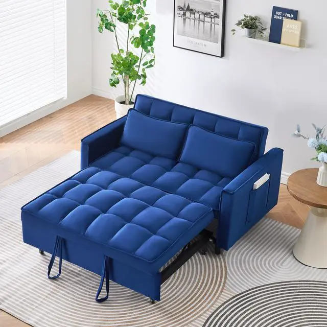 Main image of The 55-inch dreamlike blue velvet sofa is elegant and convenient with pockets, cleverly interpreting the art of three-in-one conversion.