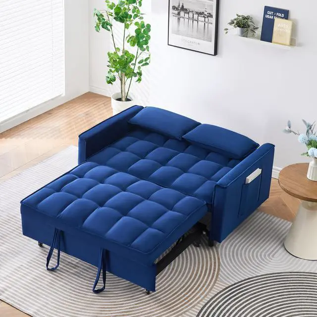 Alt view image 6 of 6 - The 55-inch dreamlike blue velvet sofa is elegant and convenient with pockets, cleverly interpreting the art of three-in-one conversion.