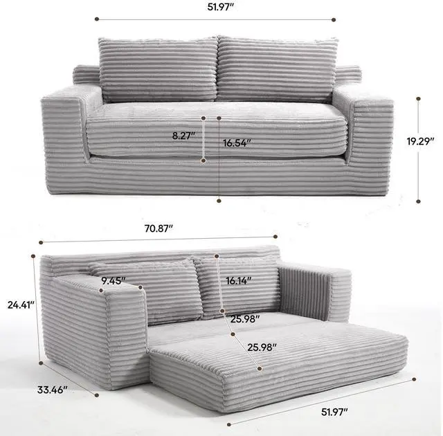 Alt view image 5 of 7 - Loveseat Sofa  with Memory Foam & Steel Frame - No Assembly, Convertible 2-in-1 Design, Corduroy Fabric - Compact Couch for Small Spaces, Apartments, Home Office & Bedroom (Grey)