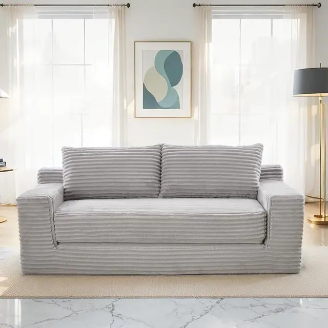 Alt view image 2 of 7 - Loveseat Sofa  with Memory Foam & Steel Frame - No Assembly, Convertible 2-in-1 Design, Corduroy Fabric - Compact Couch for Small Spaces, Apartments, Home Office & Bedroom (Grey)