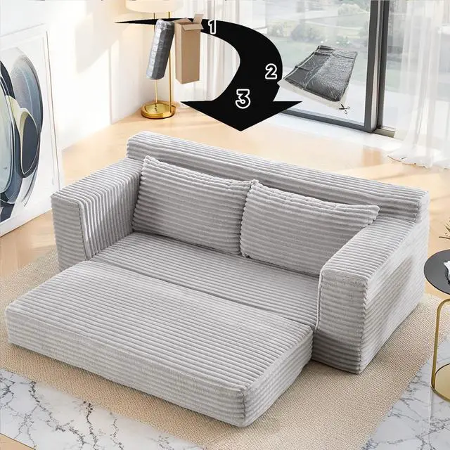 Alt view image 7 of 7 - Loveseat Sofa  with Memory Foam & Steel Frame - No Assembly, Convertible 2-in-1 Design, Corduroy Fabric - Compact Couch for Small Spaces, Apartments, Home Office & Bedroom (Grey)