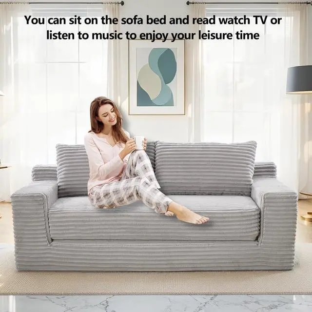 Alt view image 6 of 7 - Loveseat Sofa  with Memory Foam & Steel Frame - No Assembly, Convertible 2-in-1 Design, Corduroy Fabric - Compact Couch for Small Spaces, Apartments, Home Office & Bedroom (Grey)