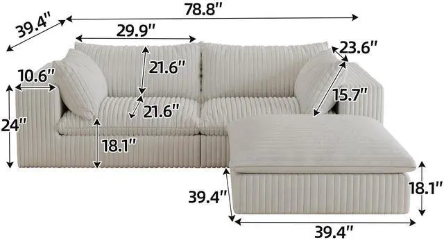 Alt view image 5 of 7 - 39.8" Cloud Sofa,Corduroy Fabric,Deep Seat Couches,Double-layer design,Removable  Cushion,No Assembly, DIY Combination for Living room, Bedroom,Conference room ,Apartment,White