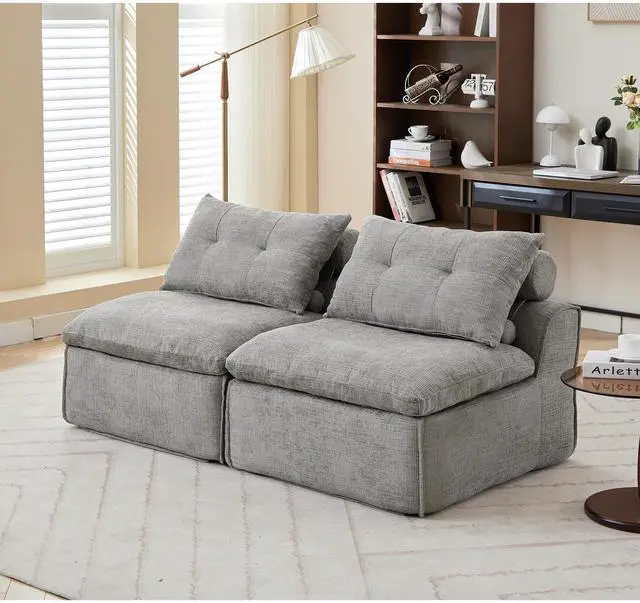 Main image of [NEW ARRIVED] [VIDEO PROVIDED]Modular Sofa,No Armrests,At will DIY, Chenille Fabric,Neck Pillow-Back Lounge Sofa Chair,Reading Nook, or Apartment Living, Lumbar Pillow,2 Seats,Upholster ,Light Gray