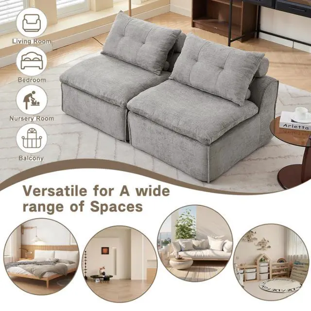 Alt view image 2 of 7 - [NEW ARRIVED] [VIDEO PROVIDED]Modular Sofa,No Armrests,At will DIY, Chenille Fabric,Neck Pillow-Back Lounge Sofa Chair,Reading Nook, or Apartment Living, Lumbar Pillow,2 Seats,Upholster ,Light Gray