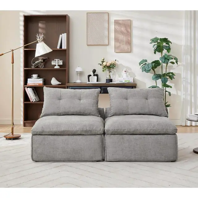 Alt view image 6 of 7 - [NEW ARRIVED] [VIDEO PROVIDED]Modular Sofa,No Armrests,At will DIY, Chenille Fabric,Neck Pillow-Back Lounge Sofa Chair,Reading Nook, or Apartment Living, Lumbar Pillow,2 Seats,Upholster ,Light Gray