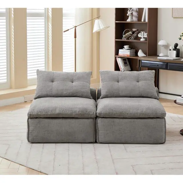 Alt view image 4 of 7 - [NEW ARRIVED] [VIDEO PROVIDED]Modular Sofa,No Armrests,At will DIY, Chenille Fabric,Neck Pillow-Back Lounge Sofa Chair,Reading Nook, or Apartment Living, Lumbar Pillow,2 Seats,Upholster ,Light Gray