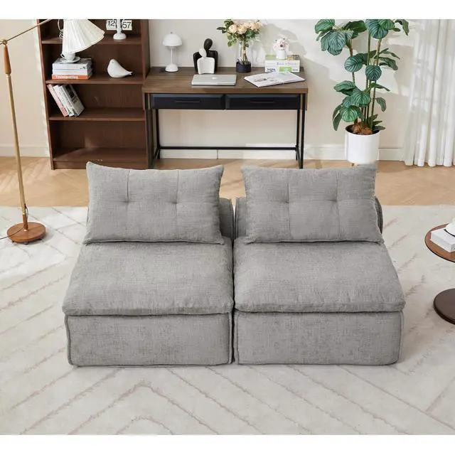 Alt view image 7 of 7 - [NEW ARRIVED] [VIDEO PROVIDED]Modular Sofa,No Armrests,At will DIY, Chenille Fabric,Neck Pillow-Back Lounge Sofa Chair,Reading Nook, or Apartment Living, Lumbar Pillow,2 Seats,Upholster ,Light Gray