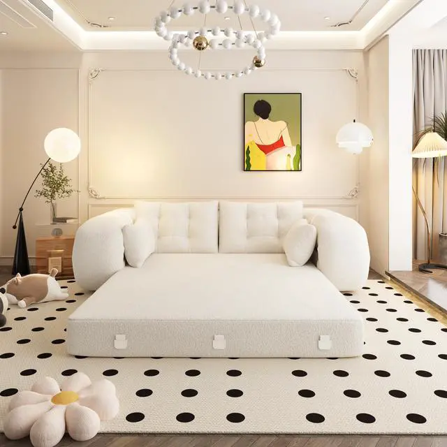 Alt view image 7 of 7 - Human Dog Bed, Lazy Sofa Couch, 78.7" Multi-Functional Foldable Sofa Bed, 3-in-1 Teddy Fabric Foam-Filled Sleeper Sofa Bed for Living Room,Guest Bed,Playroom,Beige/White