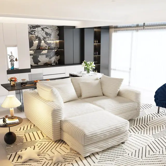 Alt view image 2 of 7 - 102.4 "Plush Corduroy 4-Seat Sofa,Modern Comfy Upholstered Sofa Cloud Couch,Deep Seat Couches with Soft Pillows and Movable Ottoman,Convertible Sofa Lounge Chair,for Living Room,Apartment,Office,Beige