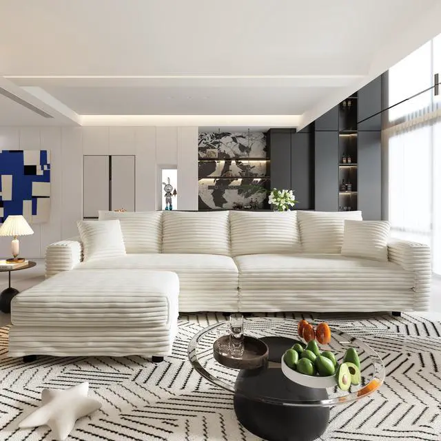 Alt view image 5 of 7 - 102.4 "Plush Corduroy 4-Seat Sofa,Modern Comfy Upholstered Sofa Cloud Couch,Deep Seat Couches with Soft Pillows and Movable Ottoman,Convertible Sofa Lounge Chair,for Living Room,Apartment,Office,Beige