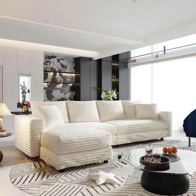 Main image of 102.4 "Plush Corduroy 4-Seat Sofa,Modern Comfy Upholstered Sofa Cloud Couch,Deep Seat Couches with Soft Pillows and Movable Ottoman,Convertible Sofa Lounge Chair,for Living Room,Apartment,Office,Beige