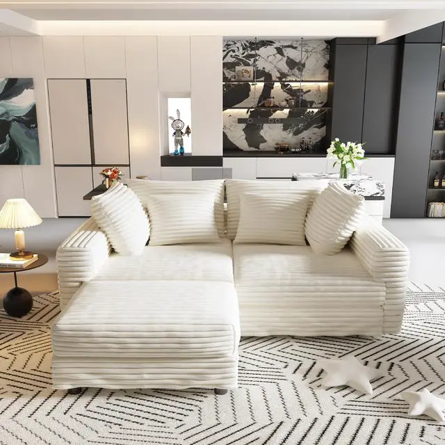 Alt view image 6 of 7 - 102.4 "Plush Corduroy 4-Seat Sofa,Modern Comfy Upholstered Sofa Cloud Couch,Deep Seat Couches with Soft Pillows and Movable Ottoman,Convertible Sofa Lounge Chair,for Living Room,Apartment,Office,Beige