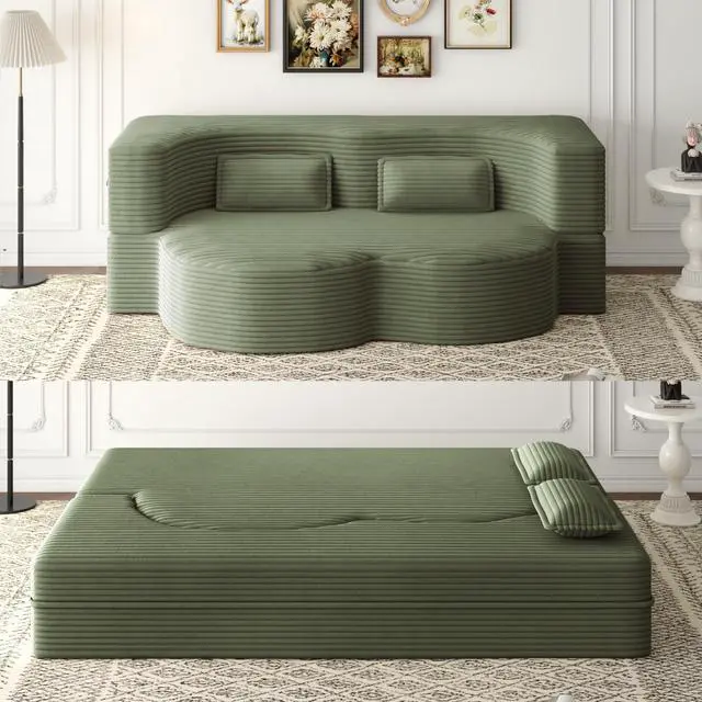 Main image of Modern Floor Sofa with 2 Pillows,Convertible Plush Corduroy Foam-Filled Sleeper Sofa Bed,15" Full Size Folding Mattress for Living Room,Guest Bed,no assembly required,Green