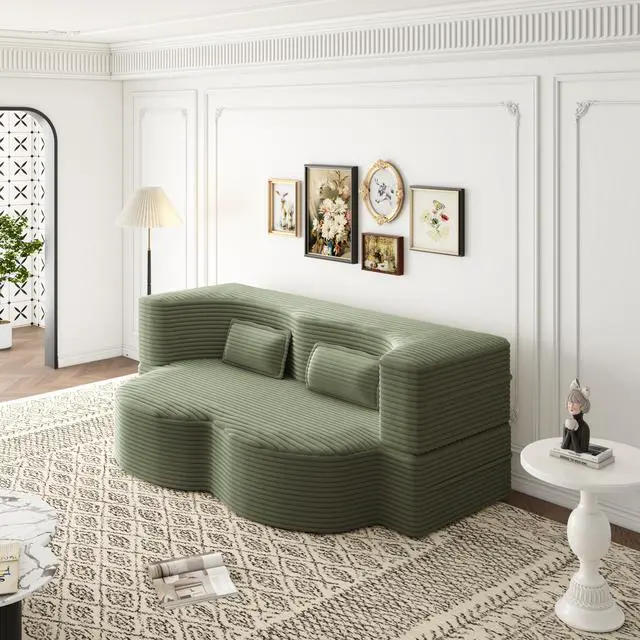 Alt view image 2 of 7 - Modern Floor Sofa with 2 Pillows,Convertible Plush Corduroy Foam-Filled Sleeper Sofa Bed,15" Full Size Folding Mattress for Living Room,Guest Bed,no assembly required,Green
