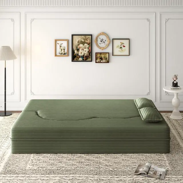 Alt view image 5 of 7 - Modern Floor Sofa with 2 Pillows,Convertible Plush Corduroy Foam-Filled Sleeper Sofa Bed,15" Full Size Folding Mattress for Living Room,Guest Bed,no assembly required,Green