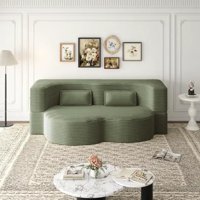 Alt view image 4 of 7 - Modern Floor Sofa with 2 Pillows,Convertible Plush Corduroy Foam-Filled Sleeper Sofa Bed,15" Full Size Folding Mattress for Living Room,Guest Bed,no assembly required,Green