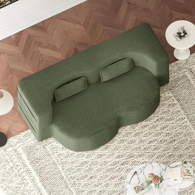 Alt view image 6 of 7 - Modern Floor Sofa with 2 Pillows,Convertible Plush Corduroy Foam-Filled Sleeper Sofa Bed,15" Full Size Folding Mattress for Living Room,Guest Bed,no assembly required,Green