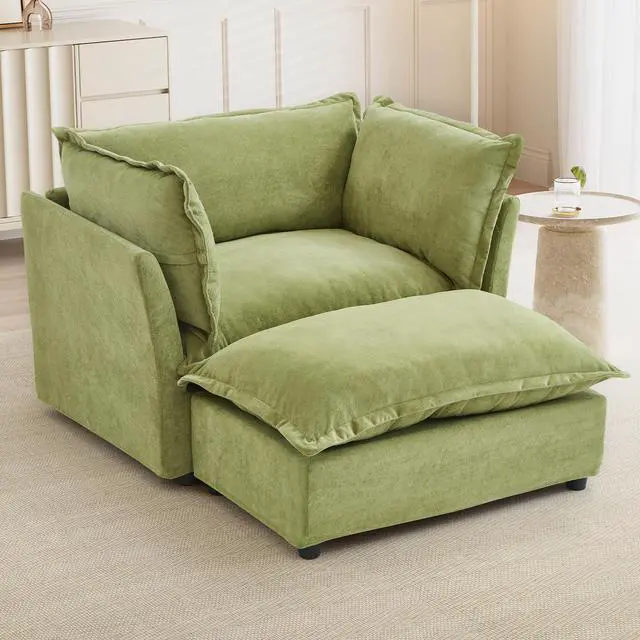 Main image of Modern Armchair Sofa 47" Cozy Upholstered Sofa Chair with Movable Ottoman, Wide Seat, Curved Armrests and Soft Pillows for Living Room, Bedroom,Green