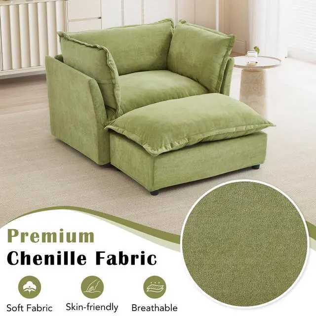 Alt view image 5 of 7 - Modern Armchair Sofa 47" Cozy Upholstered Sofa Chair with Movable Ottoman, Wide Seat, Curved Armrests and Soft Pillows for Living Room, Bedroom,Green