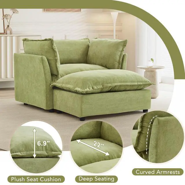 Alt view image 6 of 7 - Modern Armchair Sofa 47" Cozy Upholstered Sofa Chair with Movable Ottoman, Wide Seat, Curved Armrests and Soft Pillows for Living Room, Bedroom,Green