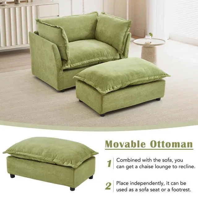 Alt view image 4 of 7 - Modern Armchair Sofa 47" Cozy Upholstered Sofa Chair with Movable Ottoman, Wide Seat, Curved Armrests and Soft Pillows for Living Room, Bedroom,Green