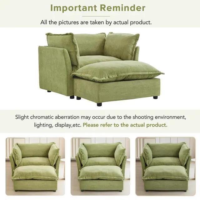 Alt view image 7 of 7 - Modern Armchair Sofa 47" Cozy Upholstered Sofa Chair with Movable Ottoman, Wide Seat, Curved Armrests and Soft Pillows for Living Room, Bedroom,Green