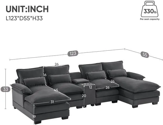 Alt view image 3 of 7 - 123*55" Modern U-shaped Sofa with Console,Cupholders and USB Ports,6-seat Upholstered Symmetrical Indoor Furniture,Sleeper Couch Set with Chaise for Living Room,Apartment,2 Colors