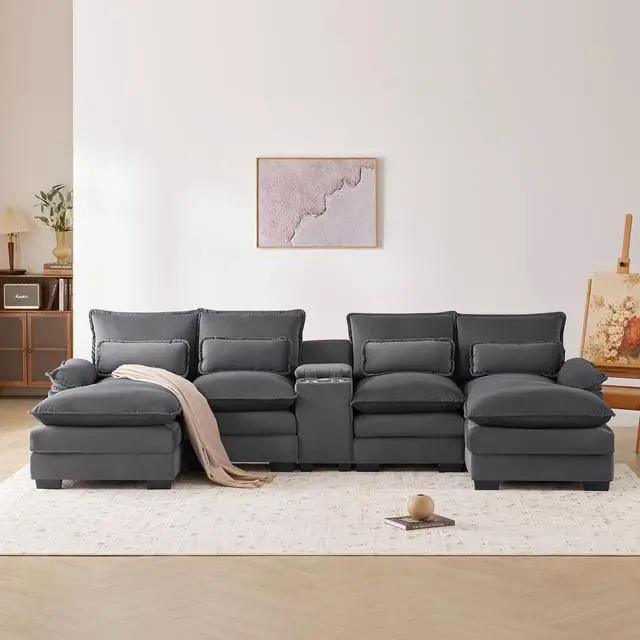 Alt view image 2 of 7 - 123*55" Modern U-shaped Sofa with Console,Cupholders and USB Ports,6-seat Upholstered Symmetrical Indoor Furniture,Sleeper Couch Set with Chaise for Living Room,Apartment,2 Colors