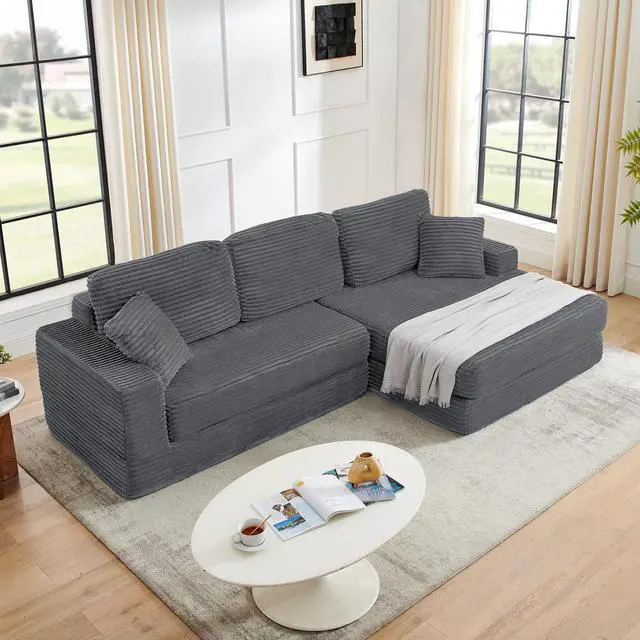 Alt view image 2 of 7 - Right sofa seat,L shape Modular Sectional Sofa, Compressed Sectional Sofa Modern Minimalist Style Corduroy Couch,Unfold into a bed, Bedroom, Comfy Compressed Sofa Couch Space-Efficient Design-Gray