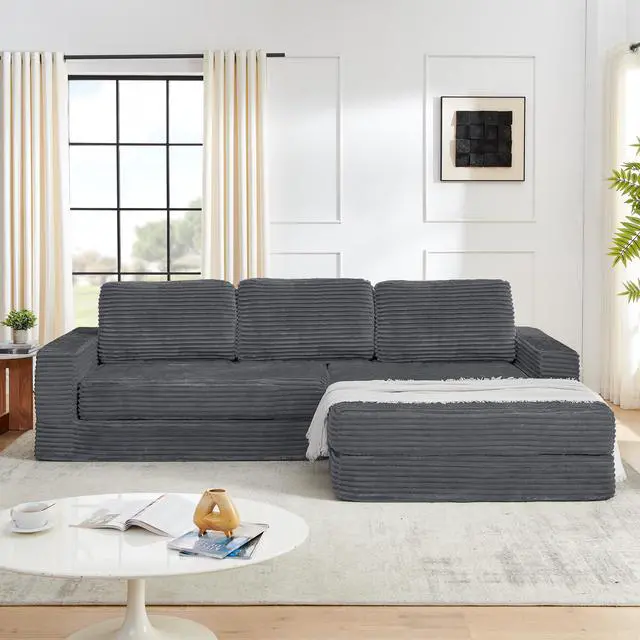 Alt view image 3 of 7 - Right sofa seat,L shape Modular Sectional Sofa, Compressed Sectional Sofa Modern Minimalist Style Corduroy Couch,Unfold into a bed, Bedroom, Comfy Compressed Sofa Couch Space-Efficient Design-Gray